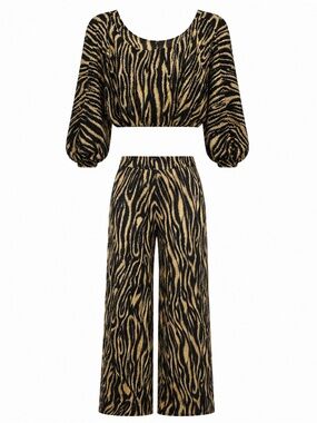 Animal-Print Wide Leg Two Piece set- Black & Tan